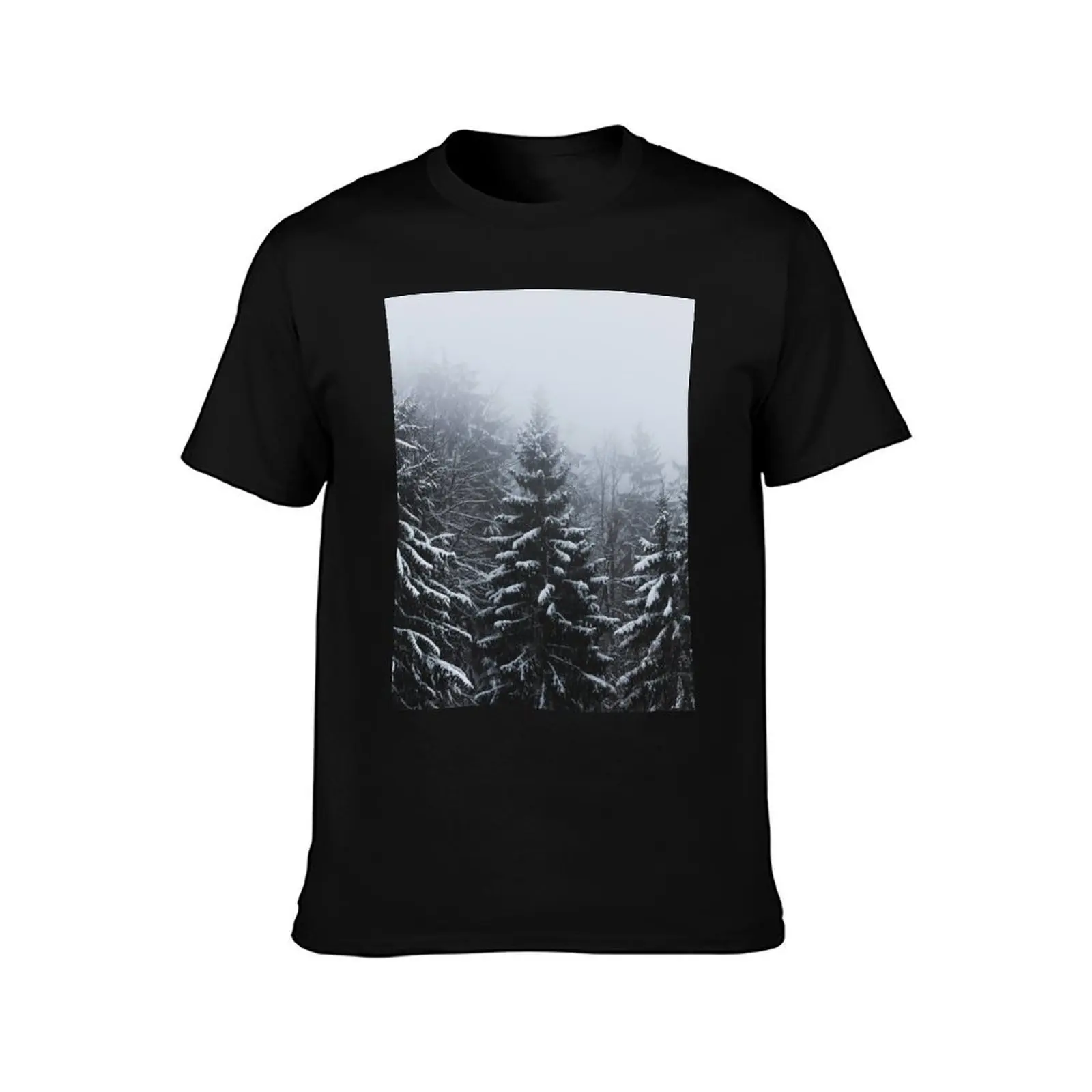 Fog over snow covered spruce forest in winter T-Shirt Basic Plain Tee for Spring and Summer T-Shirt
