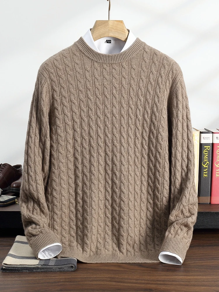 

100% Cashmere Sweater Men's Round Neck Knitted Pullover Casual Loose Twist Flower Top Autumn and Winter New Thick Men's Clothing