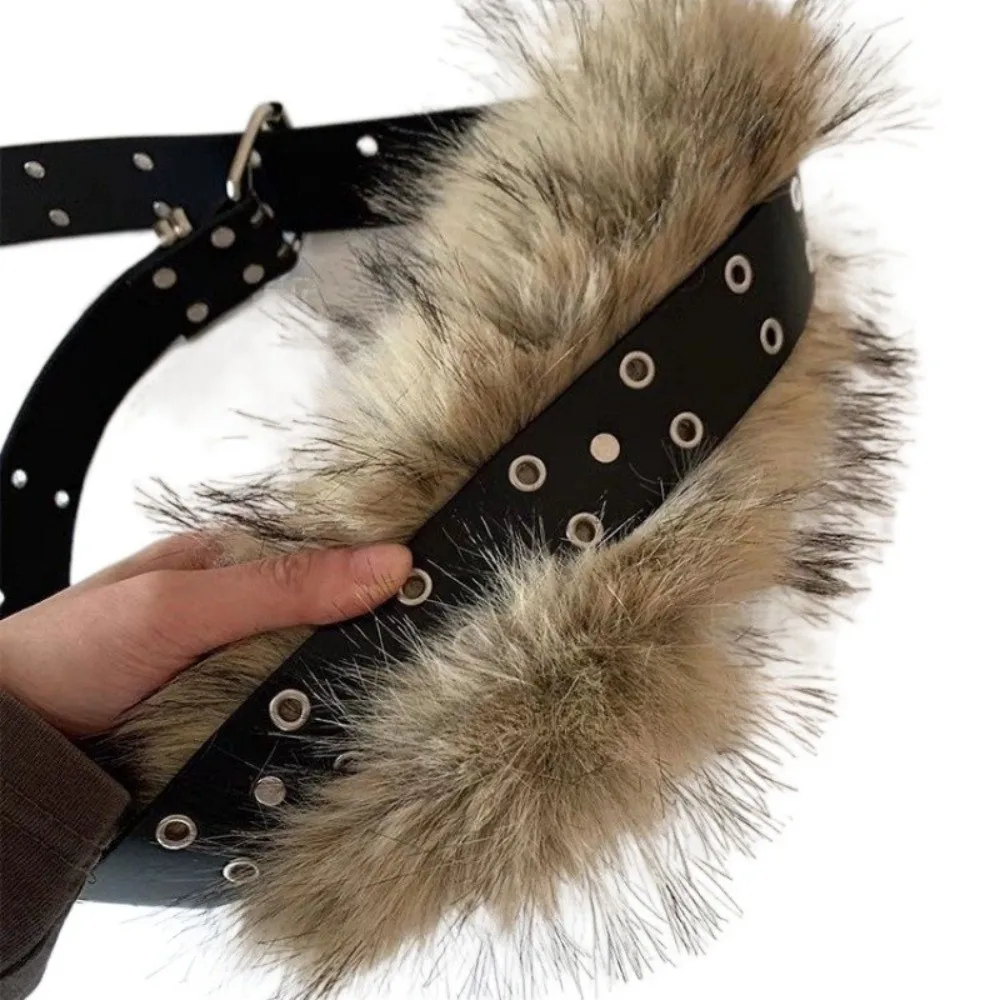 

Винтажные пушистые меховые поясные ремни из искусственной кожи Y2K с двойной люверсом, плюшевая поясная цепочка для девочек