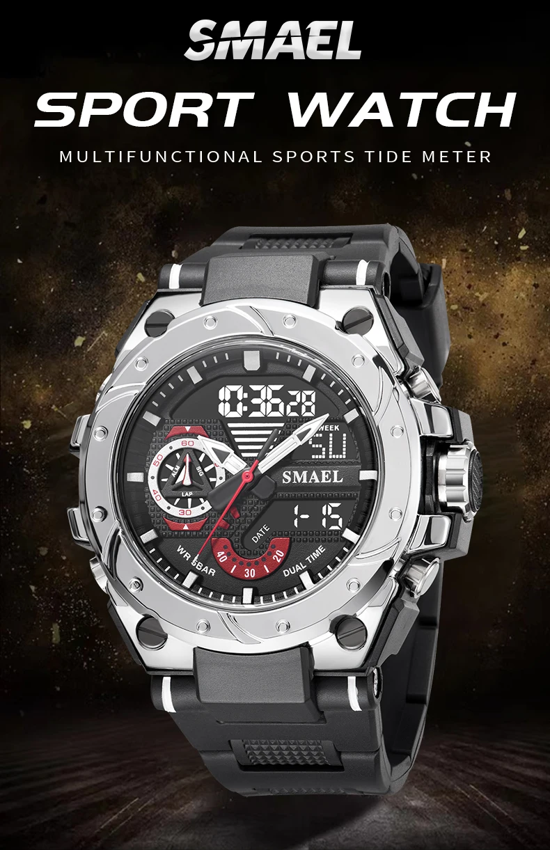 SMAEL 8060 Dual Display Military Watch for Men - 50M Waterproof LED Alarm Chronograph Stopwatch Shock Resistant