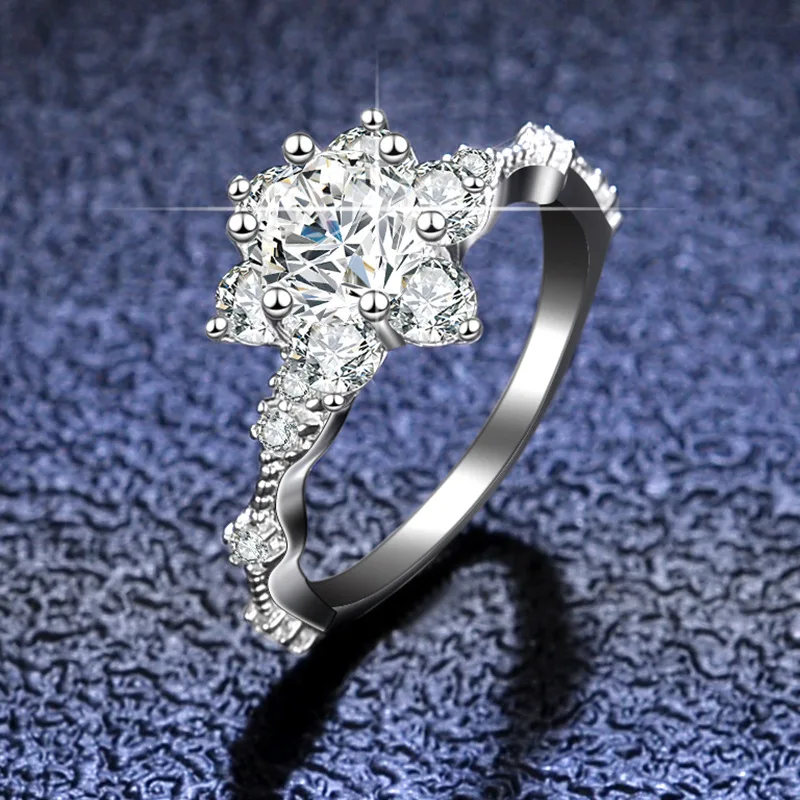 S925 Rhodium Plated Silver 1/3/5CT D Color Moissanite Six Prong Sunflower Engagement Ring for Women, Exquisite Jewelry
