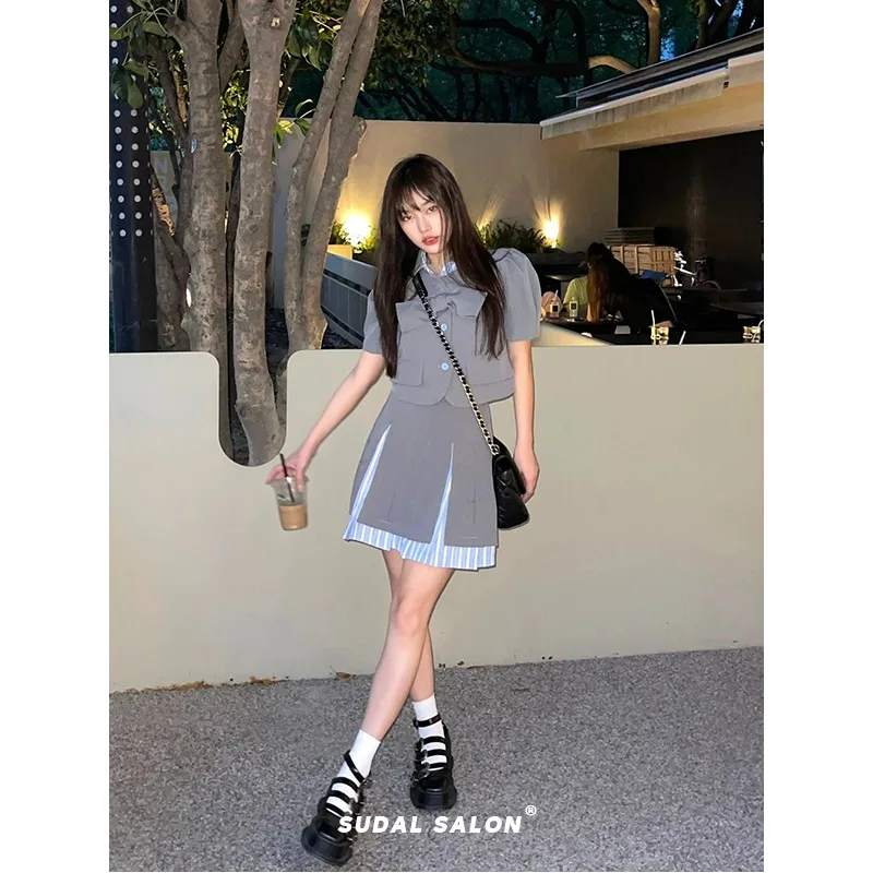 

College Bow Suit Pleated Skirt Two-piece Set Women Korean Fashion Polo Collar Salt Sweet Temperament Splice Slim Summer Girl Set