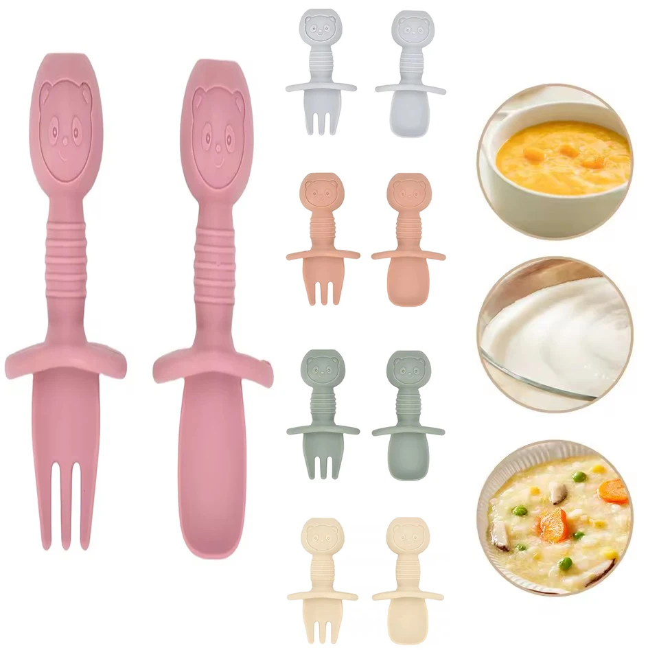 2 قطعة الغذاء الصف الأطفال مقبض خشبي ملعقة سيليكون شوكة أدوات المائدة تدريب الطفل ملعقة طعام تكميلية ملعقة تغذية الطفل شوكة #2