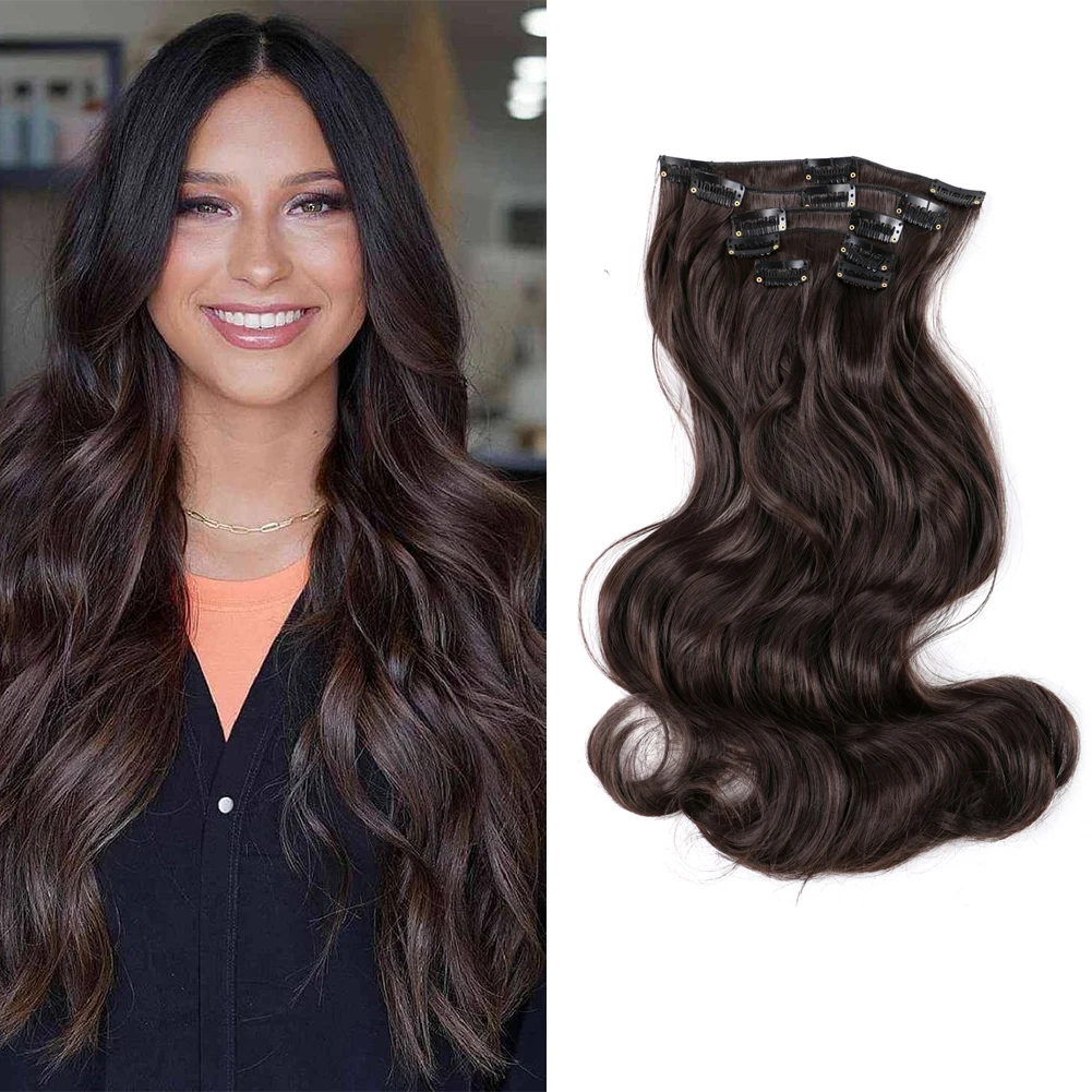 Belle Show Synthetic Clip in Hair Extensions 17 Inch Long Wavy Hair Extensions 6Pcs Fake Hairpiece Thick Hairpieces For Women