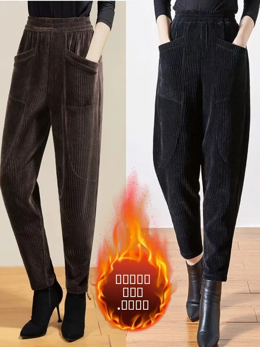 

Зимние свободные повседневные брюки Харлан с высокой талией больших размеров на подкладке Thiened Fce для мам среднего возраста, корейские широкие брюки...