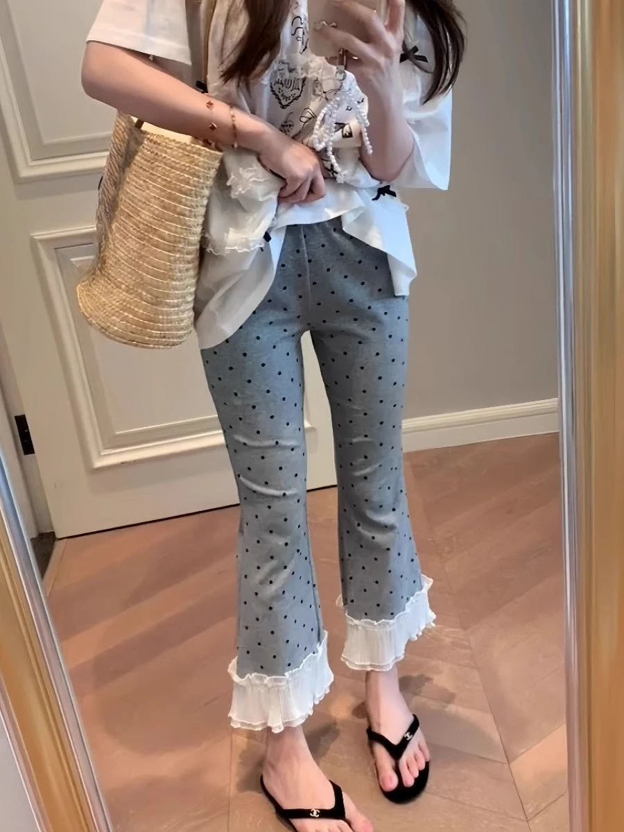 Women's Clothing Summer New Sweet Wind Casual Polka Dot Lace Edge Slim-fit Elastic 9-point Trousers