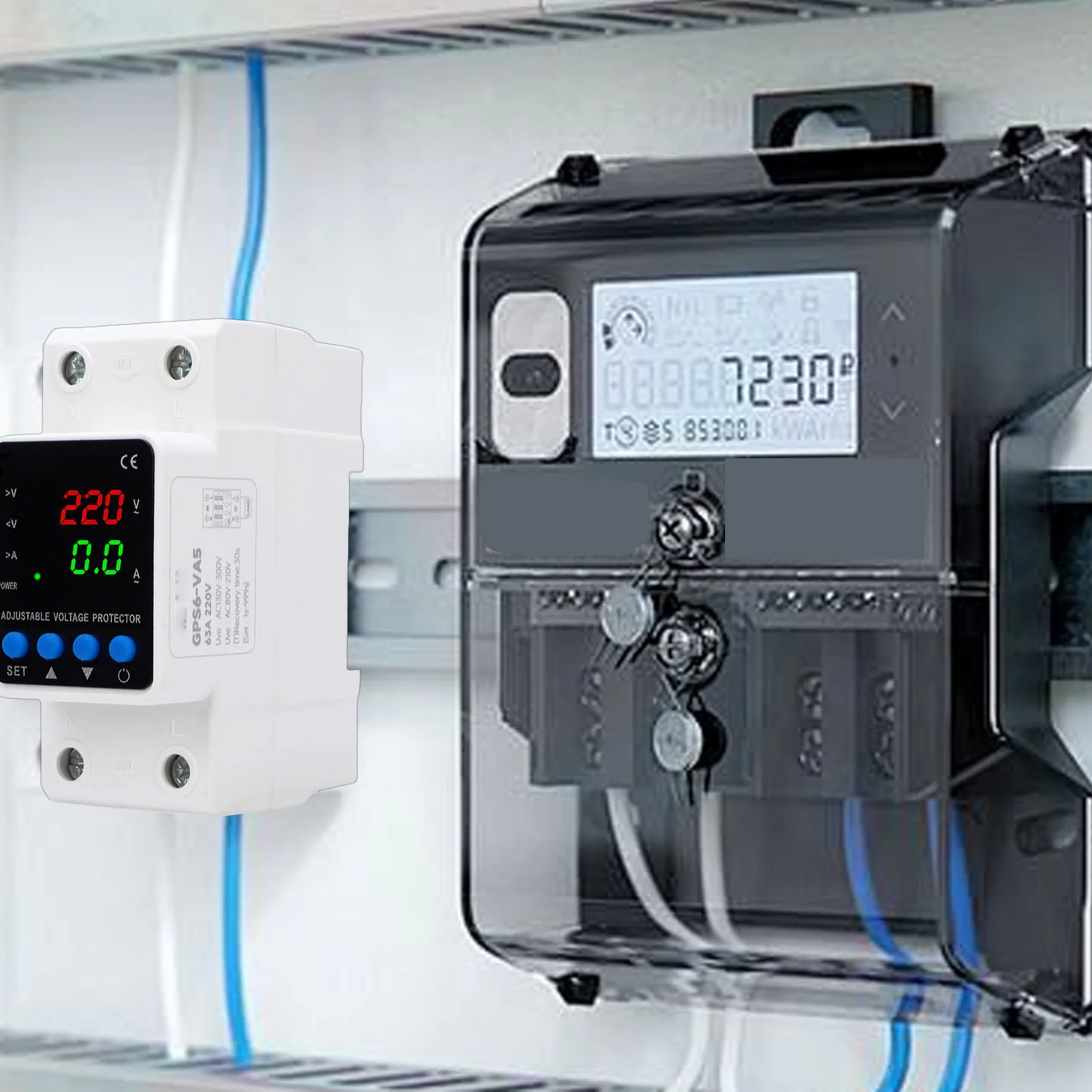 2P 63A Adjustable Voltage Protector Digital Display Over Under Voltage Current Protective Device Automatic Reset