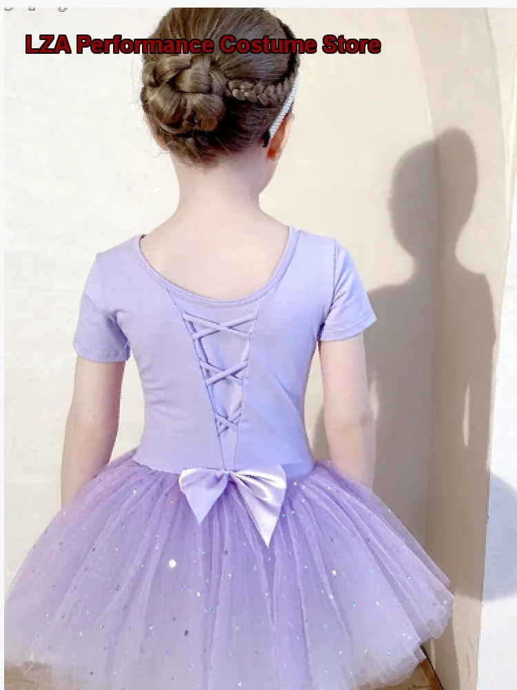 Girls' Children's Dance Dress Purple Cotton Chinese Dance Dress Summer Short Sleeves Dance Costume Art Exam Kids