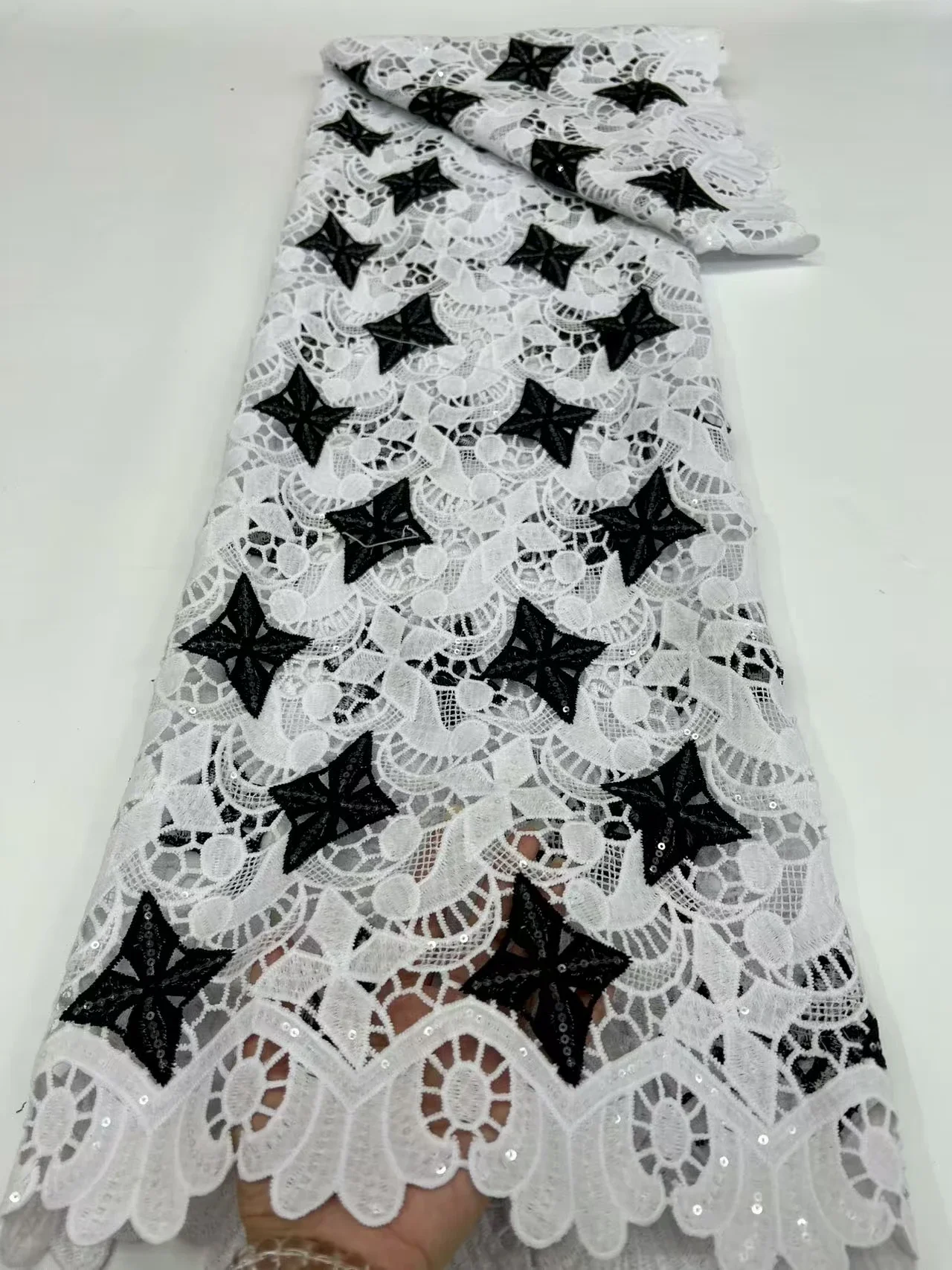 

New Design White Black Guipure Cord African Mesh Lace Fabric 2025 Milk Silk Nigerian Lace Fabric For Women Party Dress LR25153