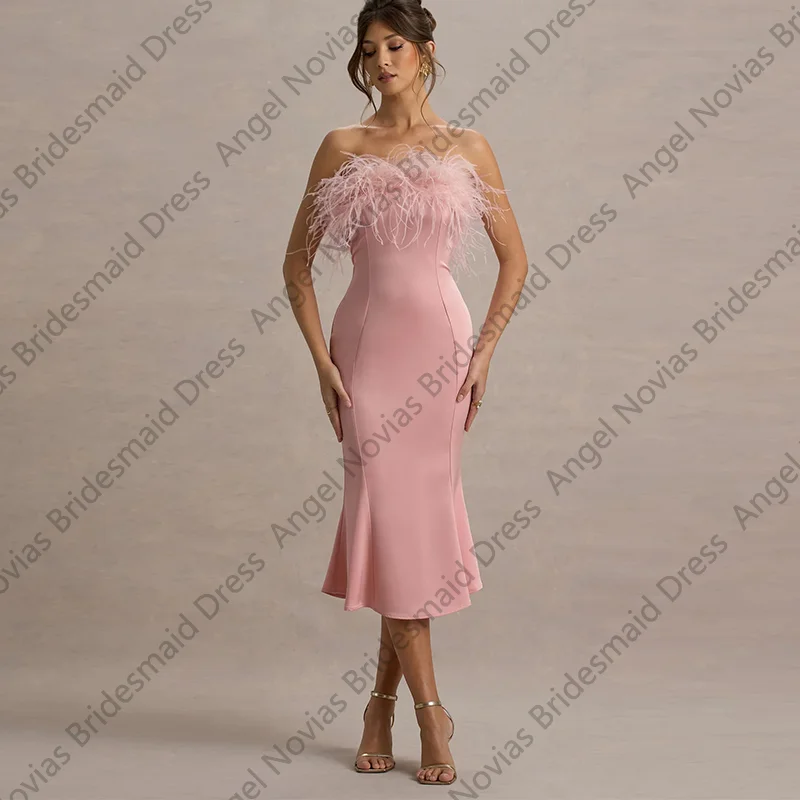 

Tea Length Pink Spandex Satin Bridesmaid Dresses with Feather Wedding Party Dress For Woman Sheath Elegant Customized