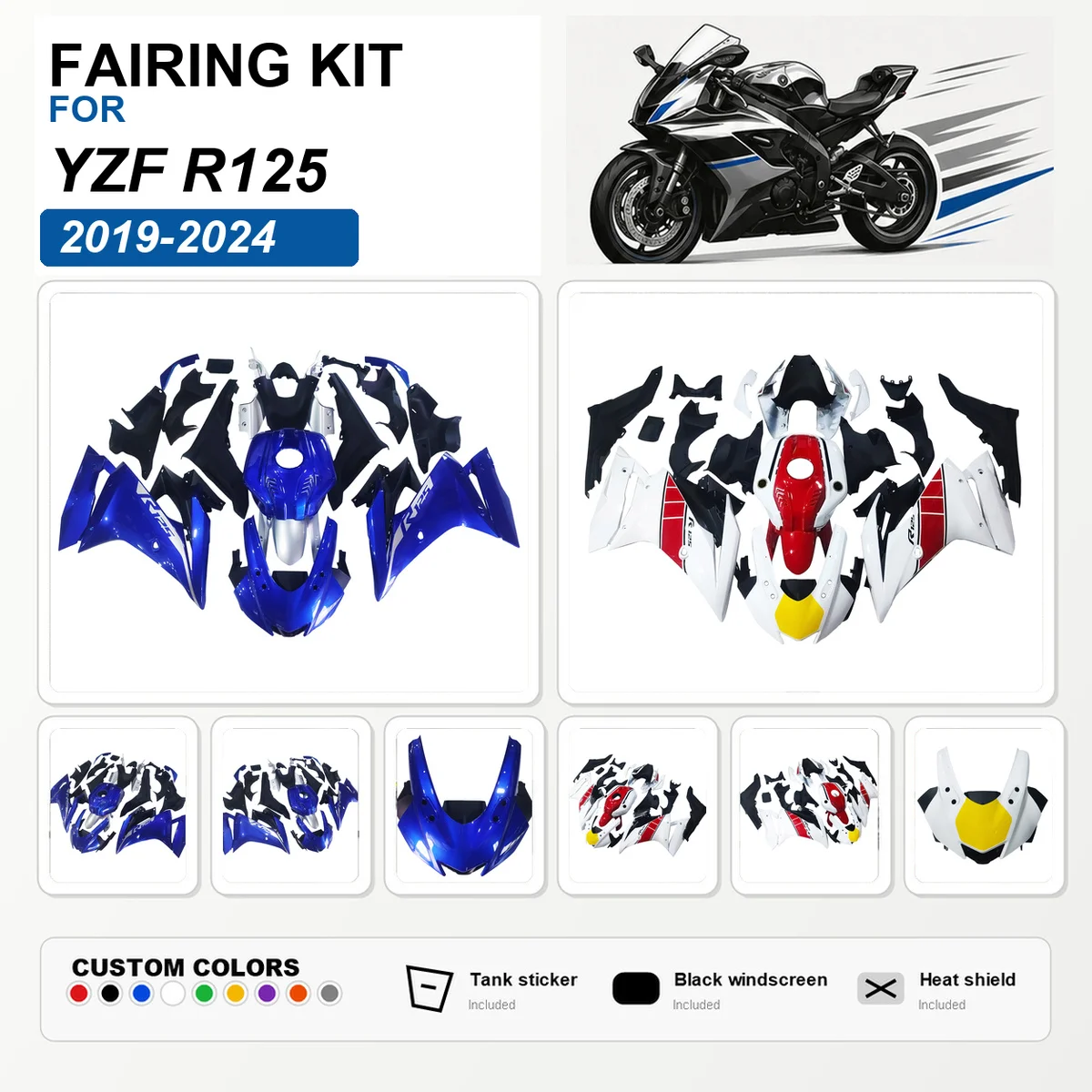 For YZF R125 2019-2024 Full Fairing Kit ABS Plastic Custom Painted Fairings Replacement Bodywork Cowl Red White Blue