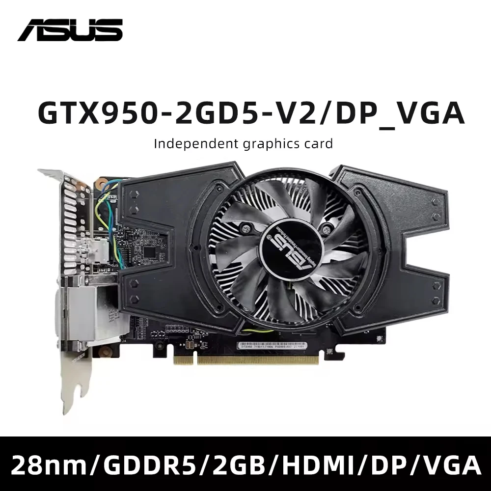 ASUS GTX 950 2GB GDDR5، PCIe 3.0، DVI/HDMI/DP، تصميم مدمج، ألعاب 1080 بكسل، أداء عالي، تبريد فعال، مكعب
