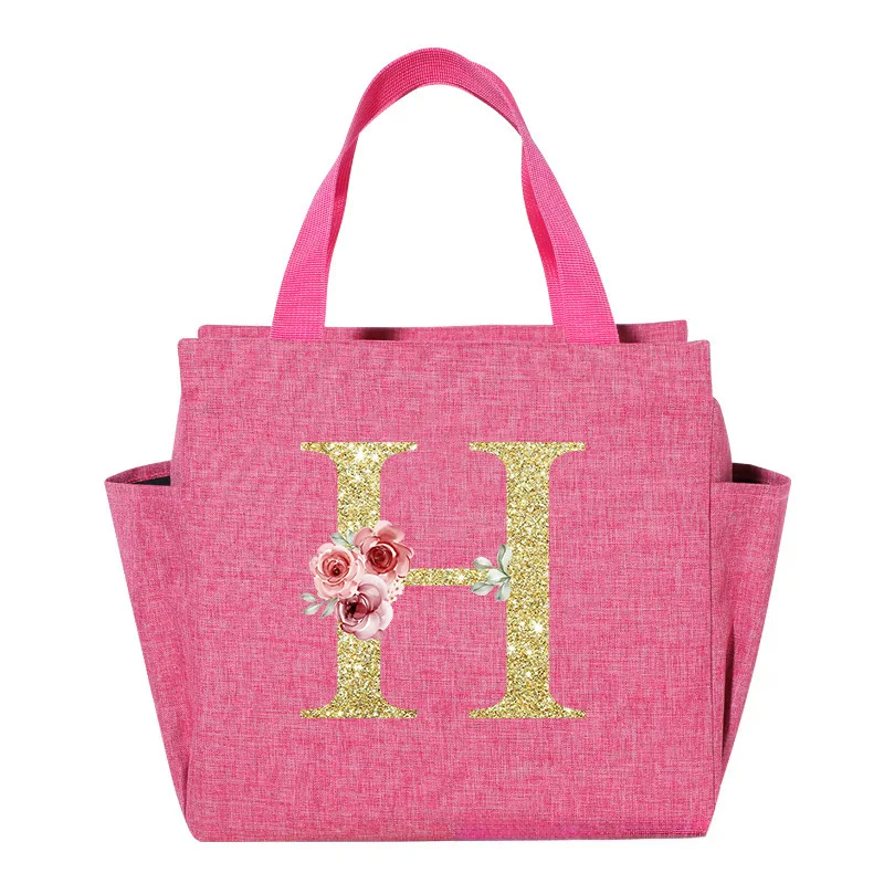 Pink Personalized Embroidered Letter Insulated Portable Lunch Bag, Easy To Carry Waterproof Aluminum Foil Lining