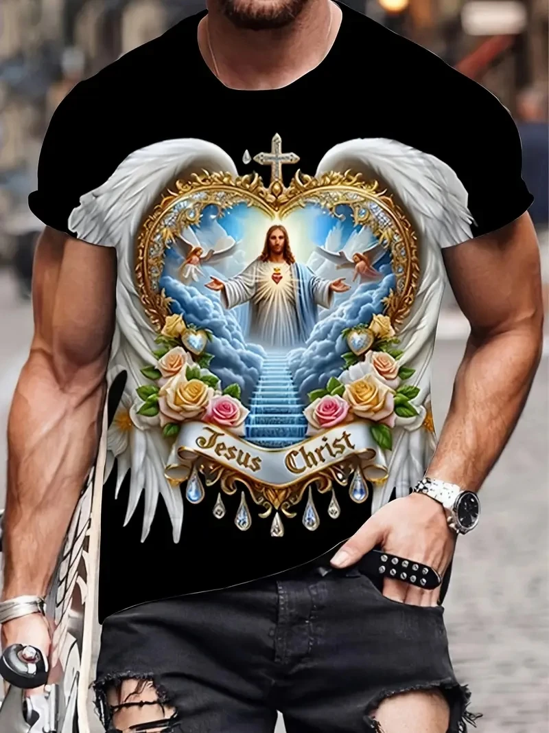 

Men's PLUS Size 3D Angel Christ Jesus Pattern Printed Short Sleeved T-shirt, Loose and Casual, Soft, Comfortable and Breathable