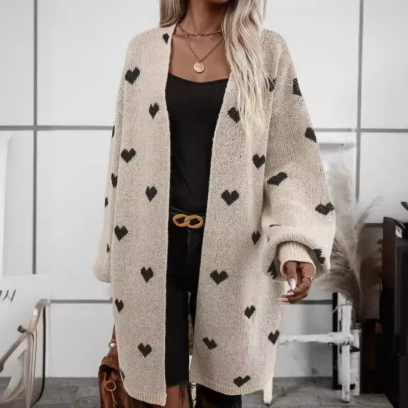 

Casual Heart-shaped Print Knitted Cardigan Fashionable Loose Long-sleeved Tops Sweater Autumn Versatile Long Cardigan Women 2024