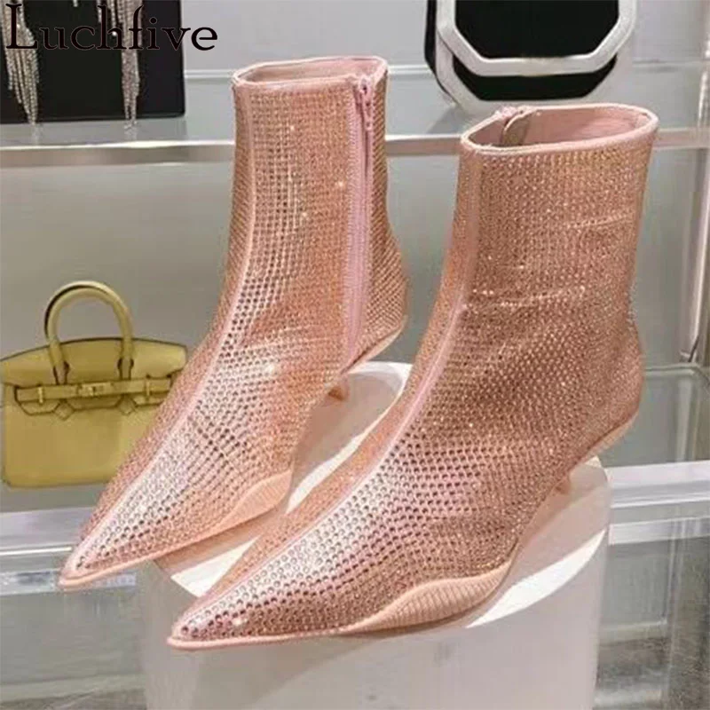 Luxury Slim Chelsea Ankle Boots Women Rhinestones Pointy toe kitten heel Boots Autumn Sexy Fashion Week Brand Crystal Boots 2023