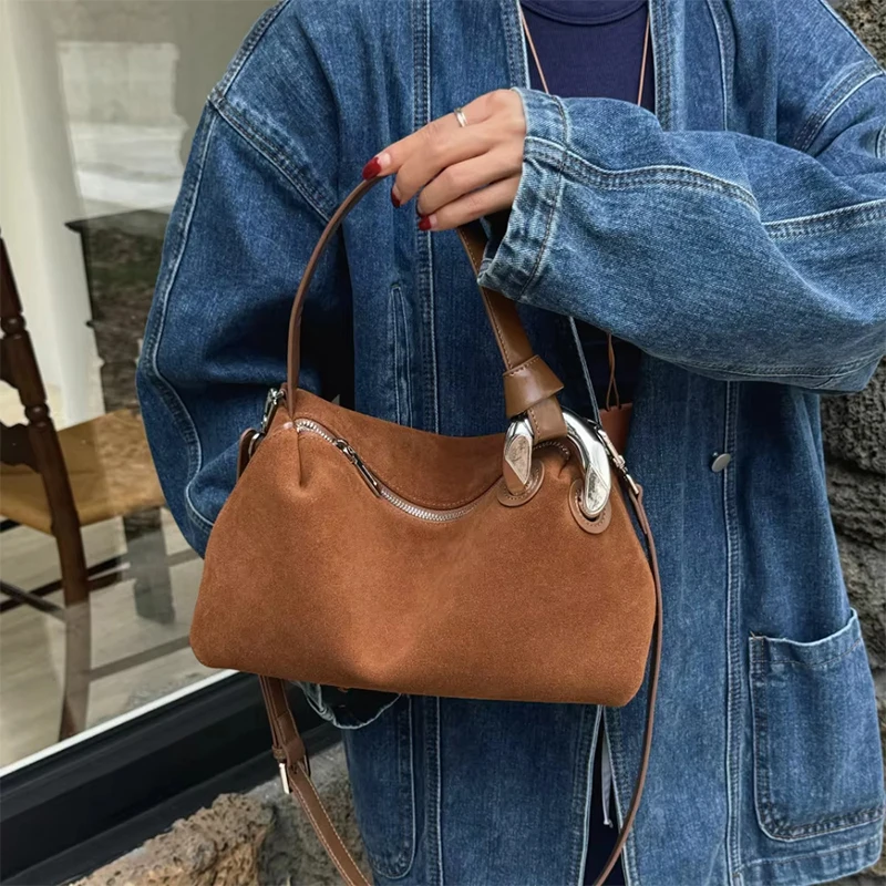 Natural Suede Pillow Bag Handbag Women Underarm Saddle Bag Metal Handle Crossbody Pouch Long Shoulder Strap Design Messenger Bag