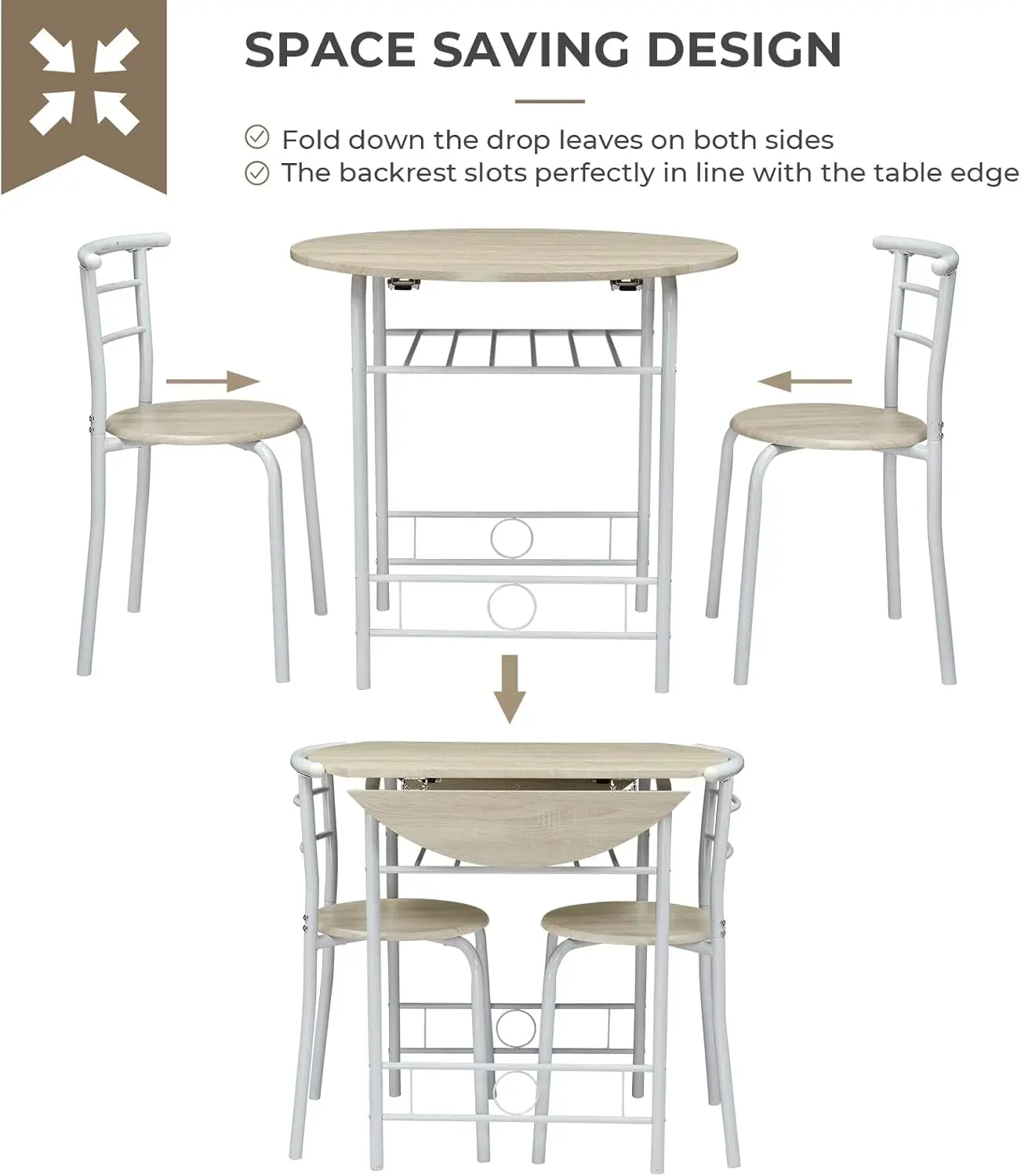 31.5" Drop Leaf Dining Table 3 Pieces for Small Space,Small Kitchen Table Set for 2,Round Folding Table with 2 Chairs for Home