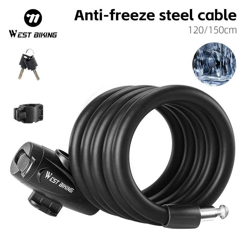 

WEST BIKING Anti-Freeze Bicycle Steel Cable Lock 120/150cm Portable Security Anti-theft Scooter Cable Lock with Bracket Keys