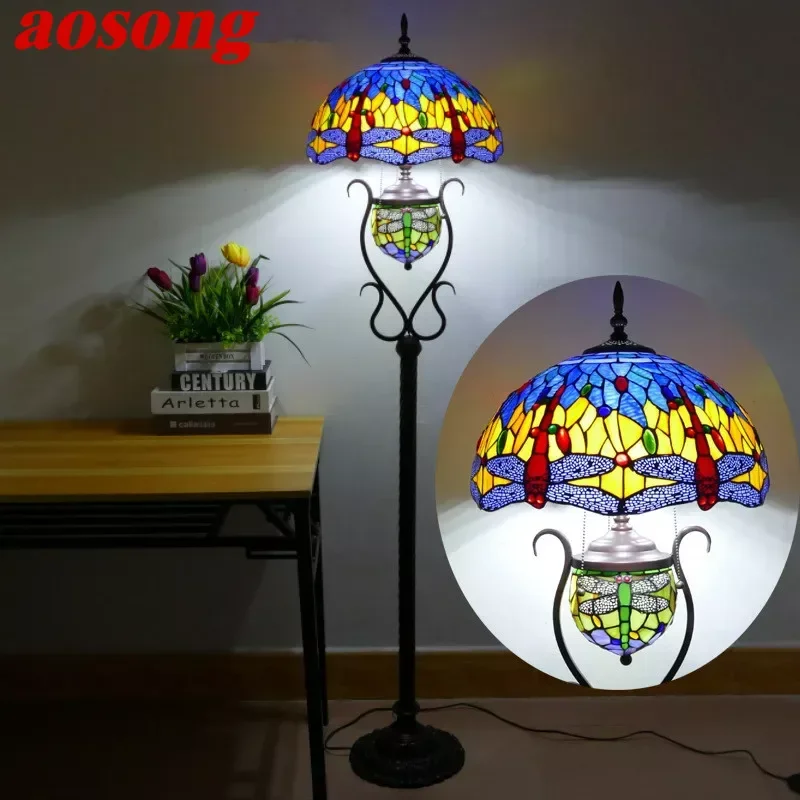 AOSONG Tiffany Floor Lamp American Retro Living Room Bedroom Lamp Country  Stained Glass Floor Lamp