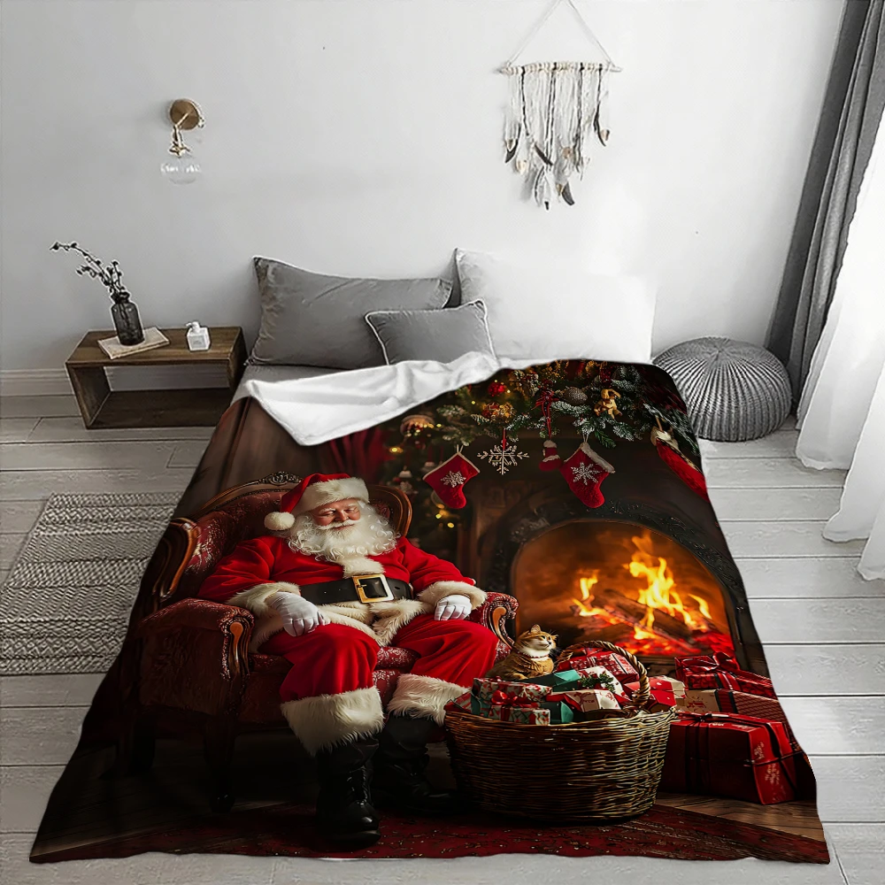 Santa Claus by The Fireplace, Christmas Gift for Family, Soft Fleece Blanket, Cozy Holiday Home Decor, Multi-Purpose Warm Throw