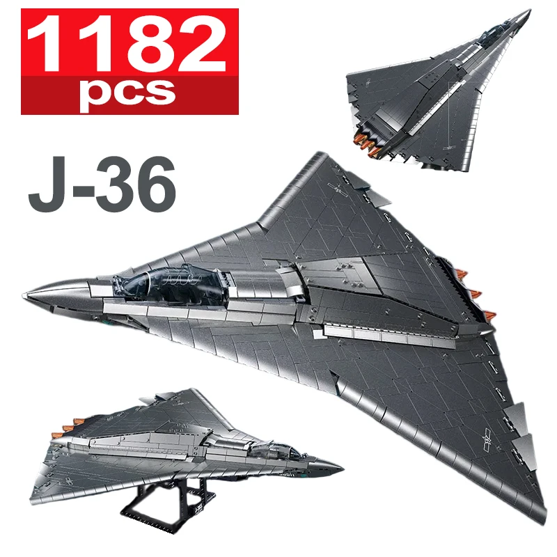 Military MOC 1182pcs Sixth Generation Fighter Jet J-36 Model Building Blocks Set Metal Titanium Silver Fighter Toys Kids Gifts