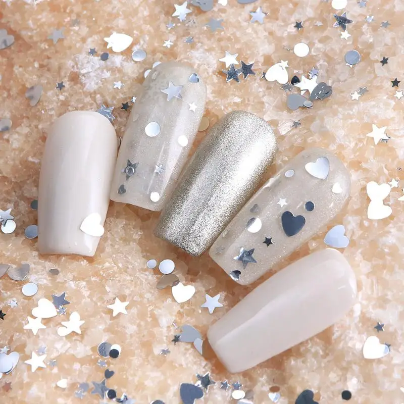 6 Grids Silver Glitter Love Star Nail Charms 3D Nail Decorations Jewelry For Nail Art Salon Manicure Supplies