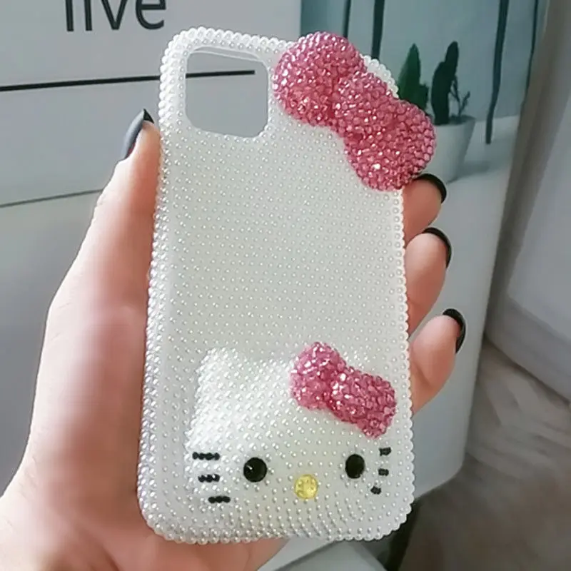 Capa para telefone Hello Kitty Rhinestone, adequada para iPhone 14, XR, XS Max, 7, 11, 12, 13 Pro Max, 6 Plus, arco artesanal 15