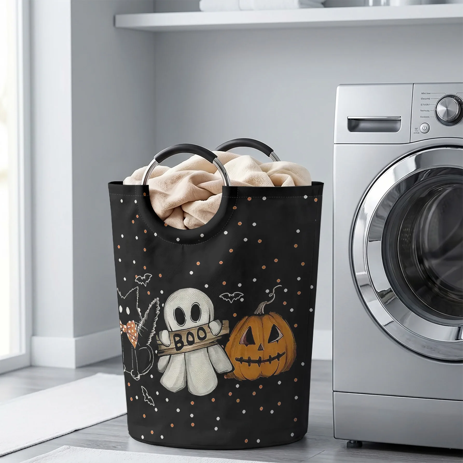 Halloween Ghost Pumpkin Black Cat Handled Storage Basket, Large Capacity, For Laundry, Bedroom & Sundries Storage