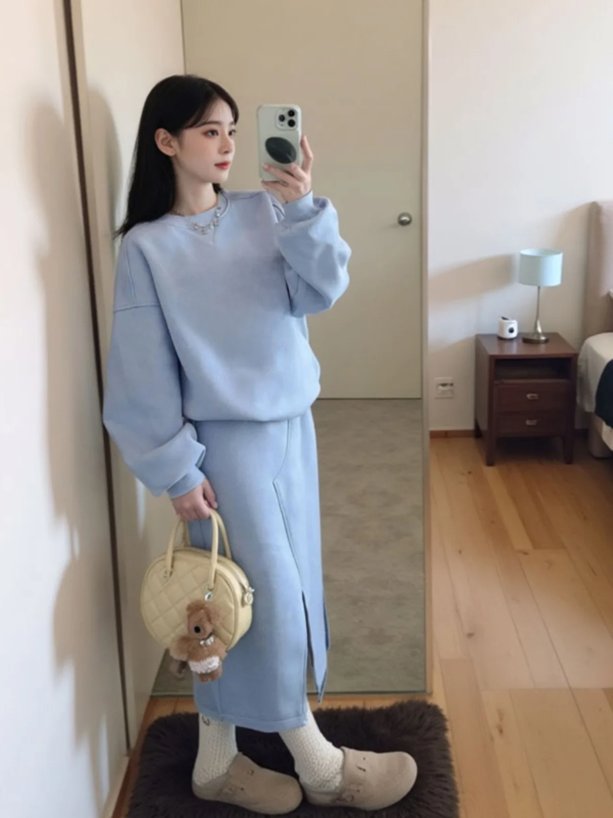 

Модный повседневный комплект из худи и юбки, маленький размер, элегантный костюм-двойка, осенняя одежда, хлопок, длинный рукав, круглый вырез, без застежек