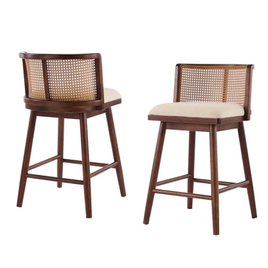 

26.5" H Rubber Wood Counter Height Bar Stools Set of 2 with Rattan Backrest and Footrests, Soft Upholstered Beige Cushioned Sea