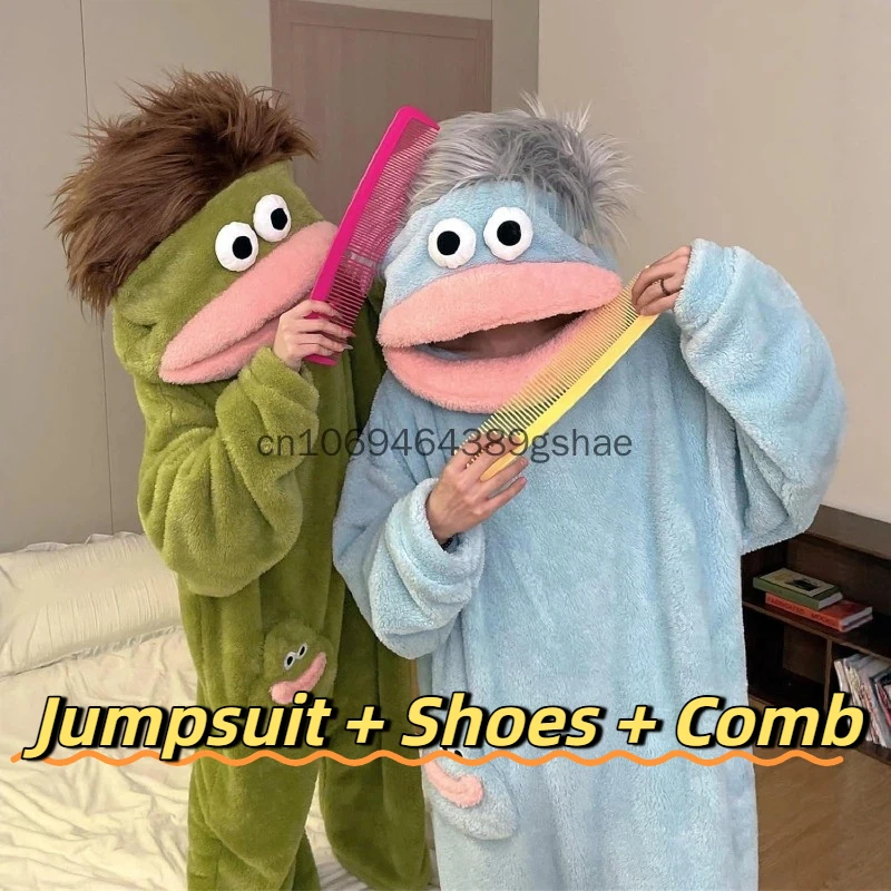 Image of Erwachsenen-Monster-Onesie mit Großem Schnabel, Gemütliche Plüsch-Schlafanzüge, Lustige Paar-Loungewear mit Kamm und Schuhen für Erwachsenen-Outfit