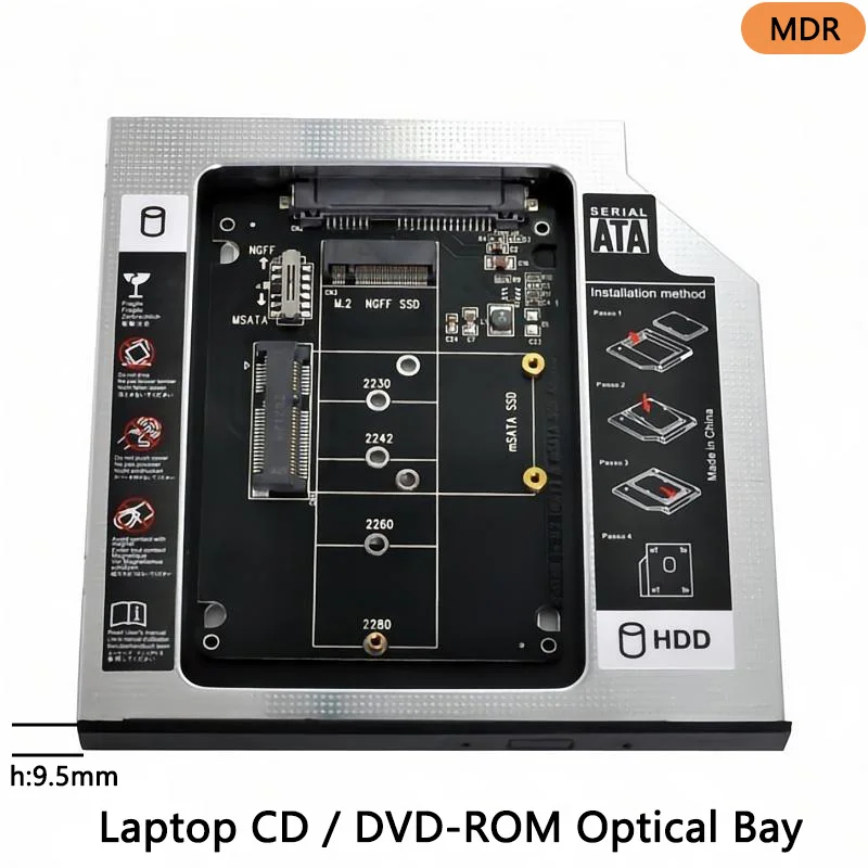 MSATA NGFF B/M-key SSD to Slimline SATA 13Pin Caddy Case for 9.5mm Universal Laptop CD / DVD-ROM Optical Bay