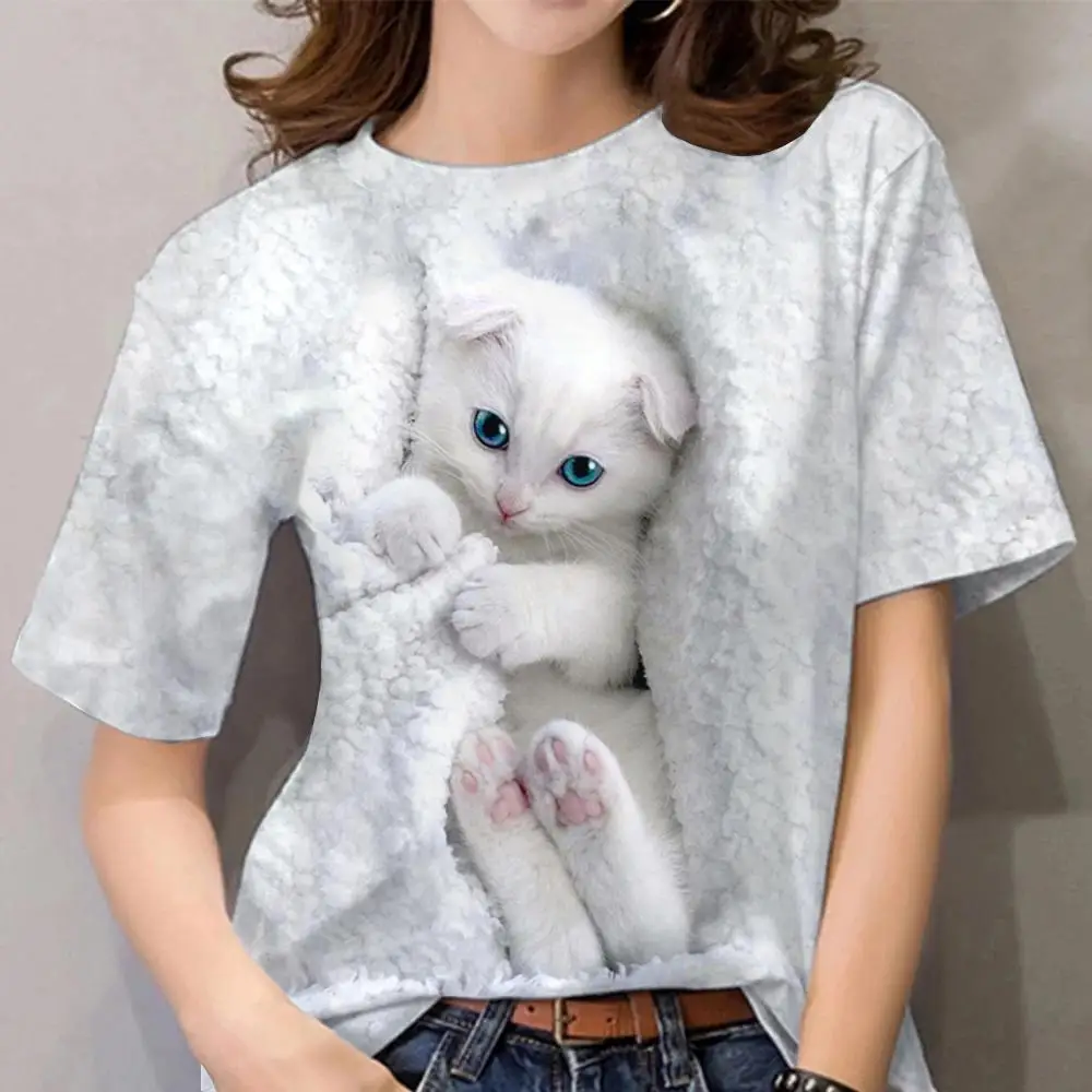 Camisetas con estampado 3D de gato para mujer y niña, ropa informal de calle de manga corta, Y2k