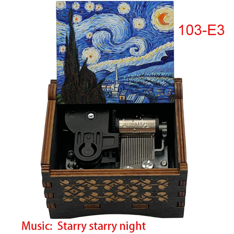 Starry Starry Night Wooden Music Box Clockwork Automatic Stainless Steel Movement Holiday Gifts Home Decoration Ornaments