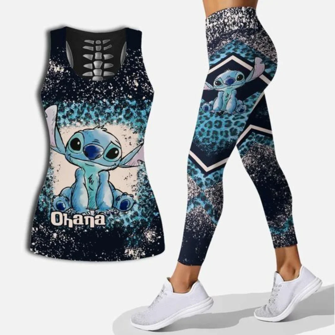 New Disney Stitch Women's Hollow Tanktop Leggings Yoga Set Summer Fitness Leggings Tracksuit Disney Cutout Tank Top Leggings Set