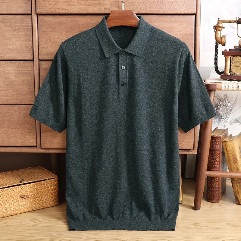 Sweater Polo with Short Sleeves Men's Spring and Summer Pullover Soft Loose Wool T-shirt