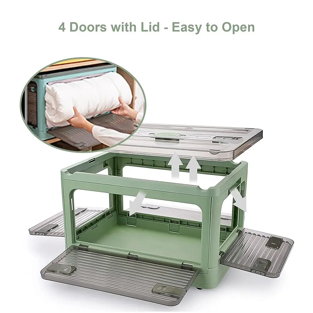 2 Pa Plastic 4 Doors Collapsible Storage Bins With Lid & Wheels, 36 Liters Folding Storage Bins, Stackable Multifunctional Box