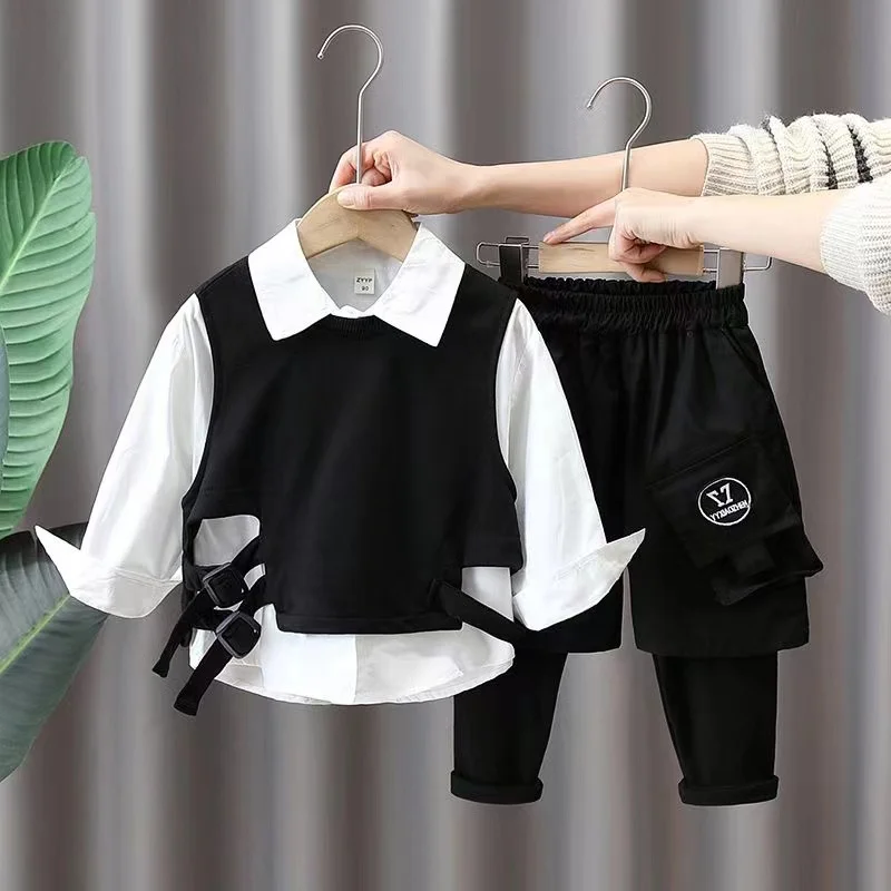 

Boys' Set Children's Spring and Autumn Vest Three piece Set 2024 New Style Boys' Workwear Shirt College Style Thin Version Kids