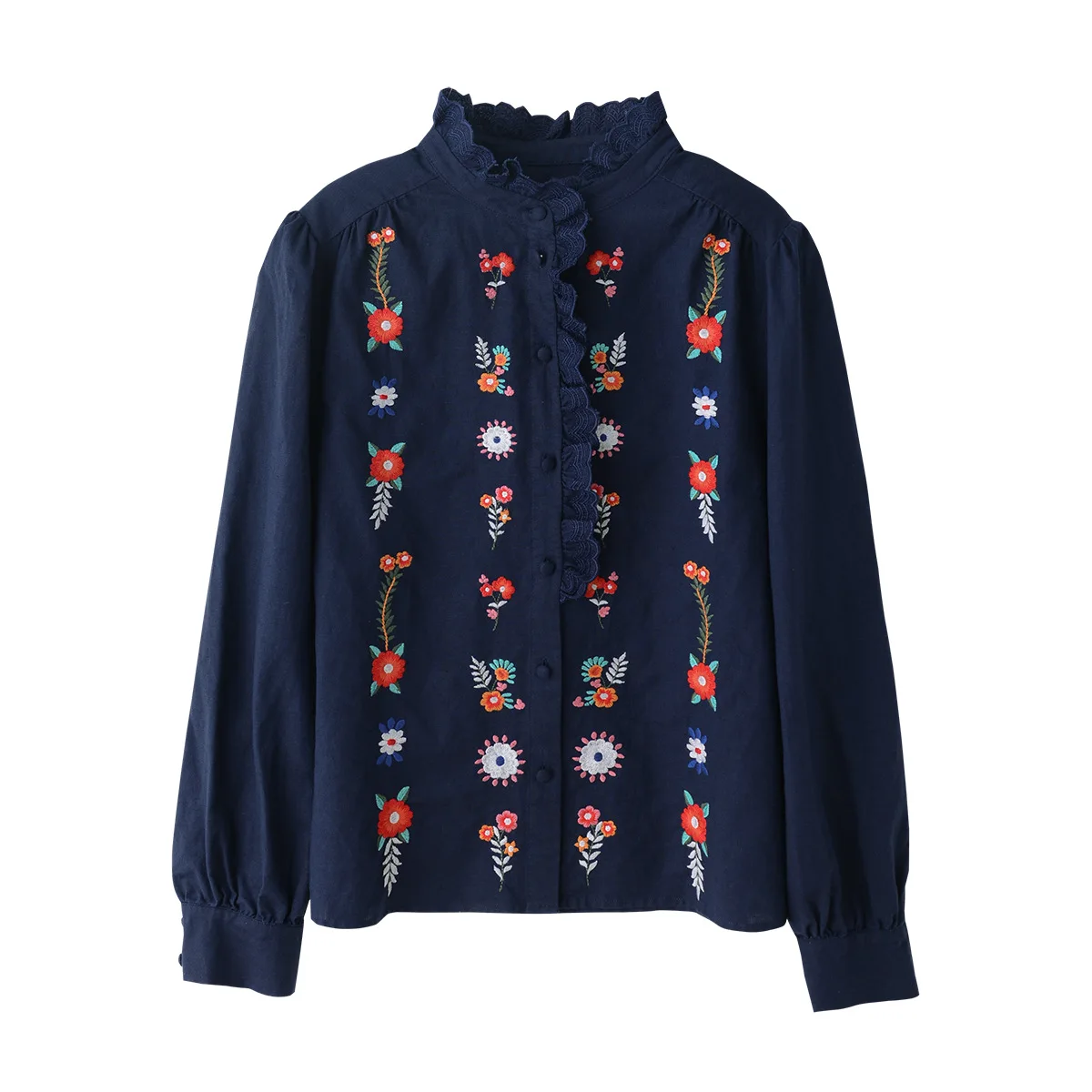 

25 Spring/Summer New Style Embroidered Lace Shirt, Cotton and Hemp Blouse with Retro Openwork Lace Edging