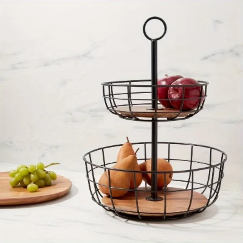 

Iron and Mango Wood Wire Double Layer Fruit Basket Black - Traditional Round Fruit and Vegetable Rack, Mango Wood and Iron