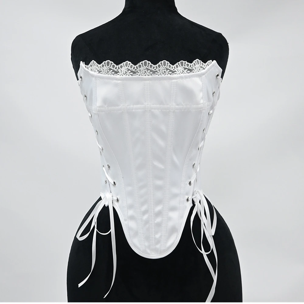 Women White Lace Corset Top Vintage Bandage Bustier Overbust Lace Up Boned Bodice Stage Costume Slimm Waist Body Shaper Korsett