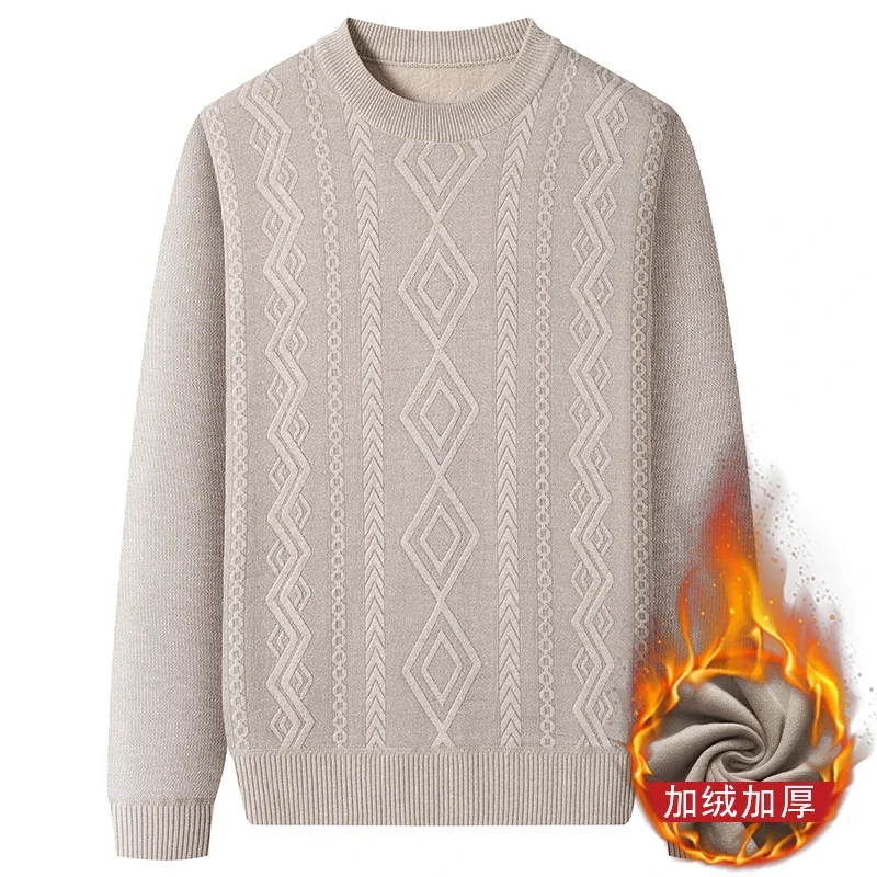 Thick Fleece Crew Neck Jumper for Men Embossed Vertical Geometric Texture Soft Knit Fabric Outdoor Leisure Pullover