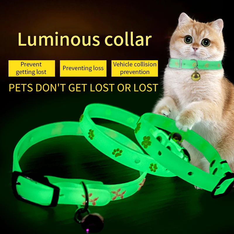 Luminous Cat Necklace Glowing Small Dog Cat Collar Anti-Loss Fluorescent Silicone Cat Bell Collar Neck Ring Pet Cat Accessories