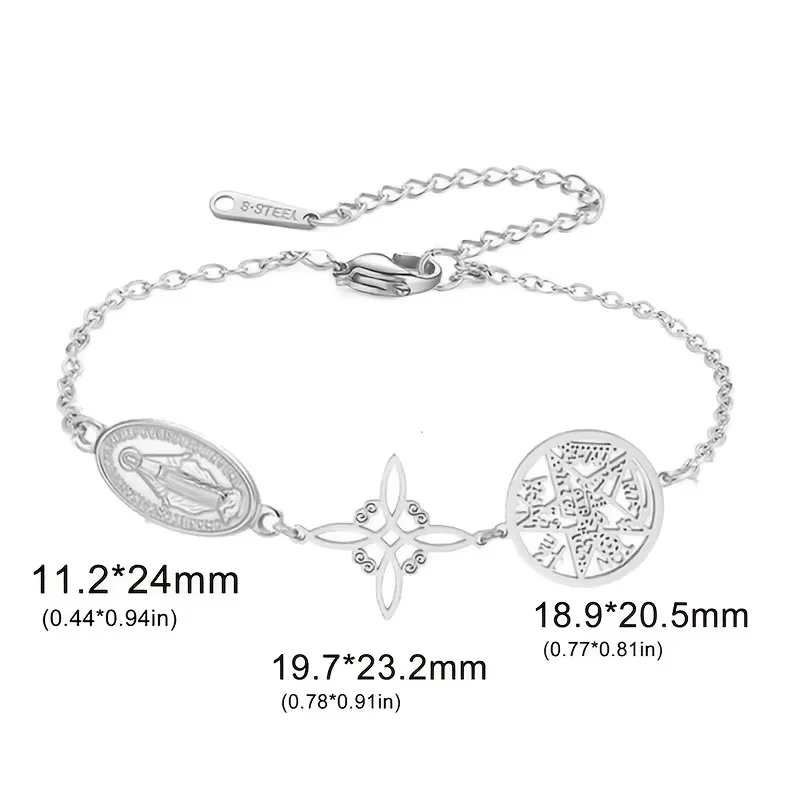 Stainless Steel Triple Protection Bracelet Virgin Mary Witch Knot Pentagram Tetragrammaton Silver Color Wrist Jewelry Bracelets