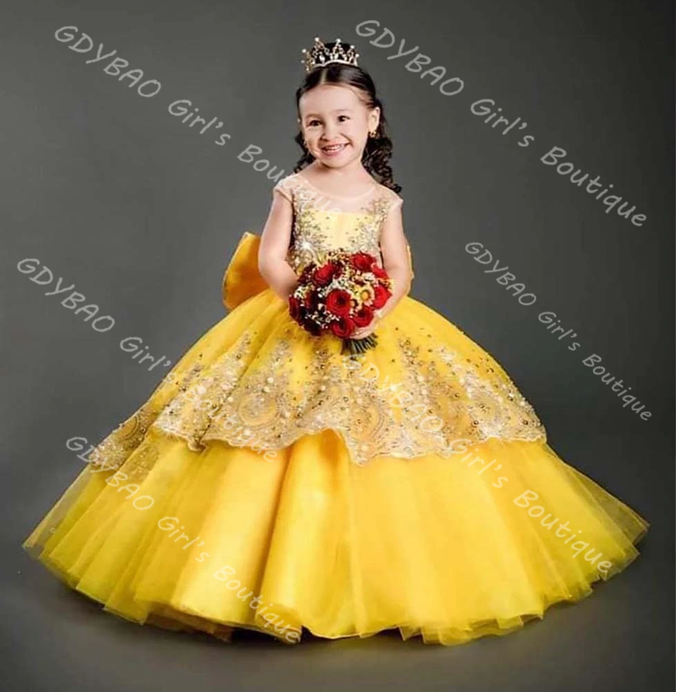 Girls Princess Pageant Dress Beaded Applique Tulle Flower Girl Dress for Wedding Customized Kids Birthday Party Gown With Train