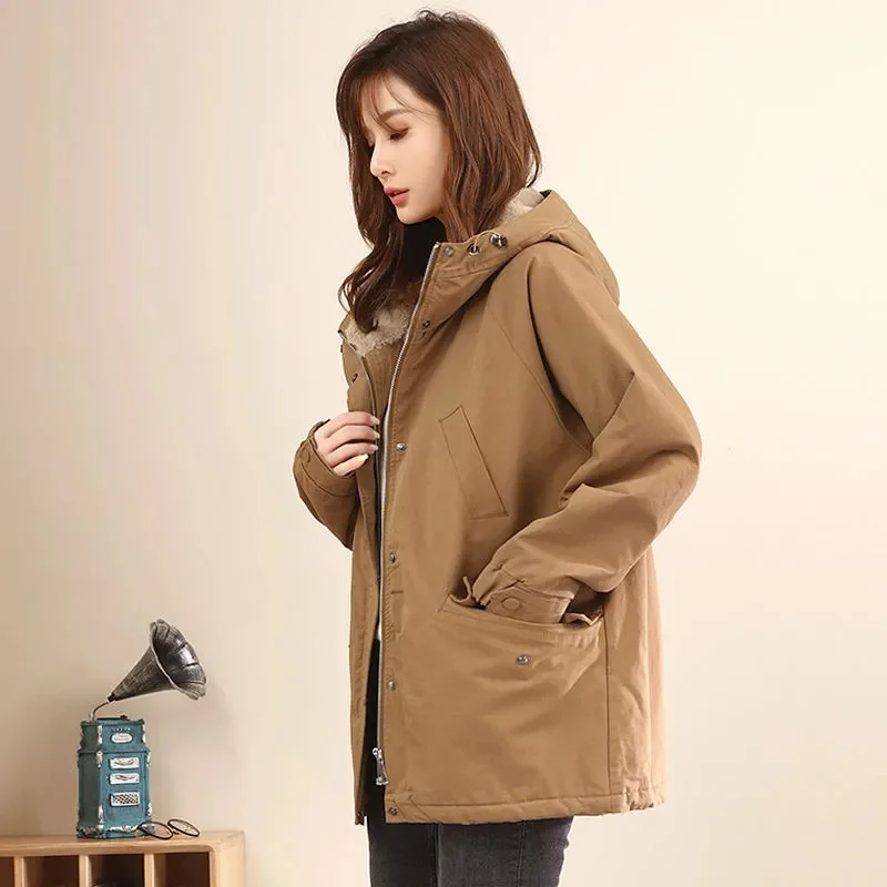 2024 Ladies Mid Length Hooded Parkas Warm Outwear Winter Female Add Velvet Coat Korean Women Large Size 4XL Windbreaker Jacket