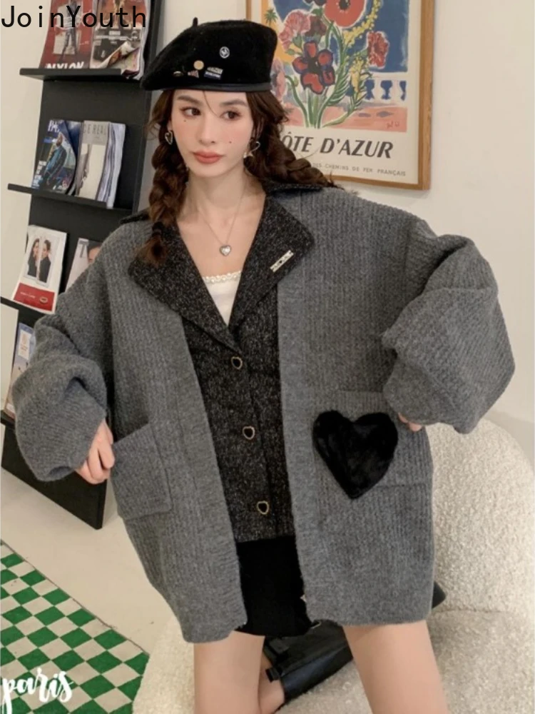 Abbigliamento invernale donna finta due giacche Chic Patchwork di lana Outwear top oversize Casual thured Vintage Coat 2024 Ropa Mujer