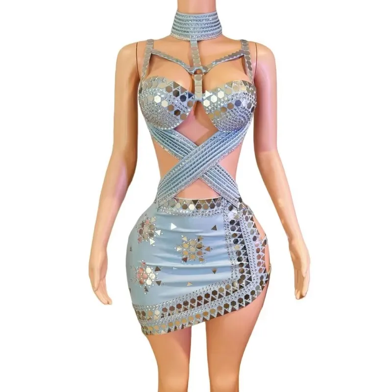 Bar Nightclub Sexy High Slit Short Dress Women Singer Club Party Performance Stage Costume Purple Black Rhinestones Mini Dress