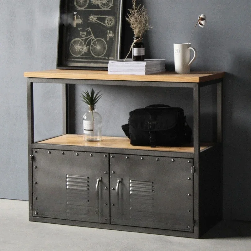 American iron solid wood creative wall floor cabinet decoration ornament console industrial style ironwood